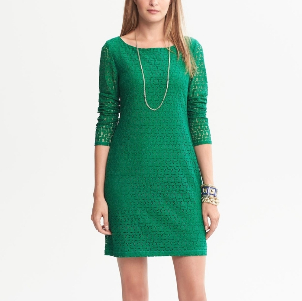 Banana Republic Emerald Green Lace 3/4 Sleeve Sheath Mini Dress Size 4